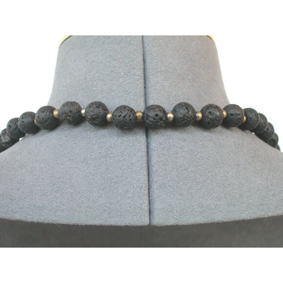 Black Lava Rock Necklace With Gold Trimmed Teardrop Pendant 30" - Picture 3 of 3